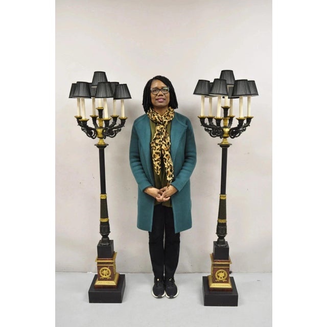 Late 19th Century French Empire Tall Bronze & Marble Lighted Candelabra Torchiere Floor Lamps - a Pair For Sale - Image 18 of 18
