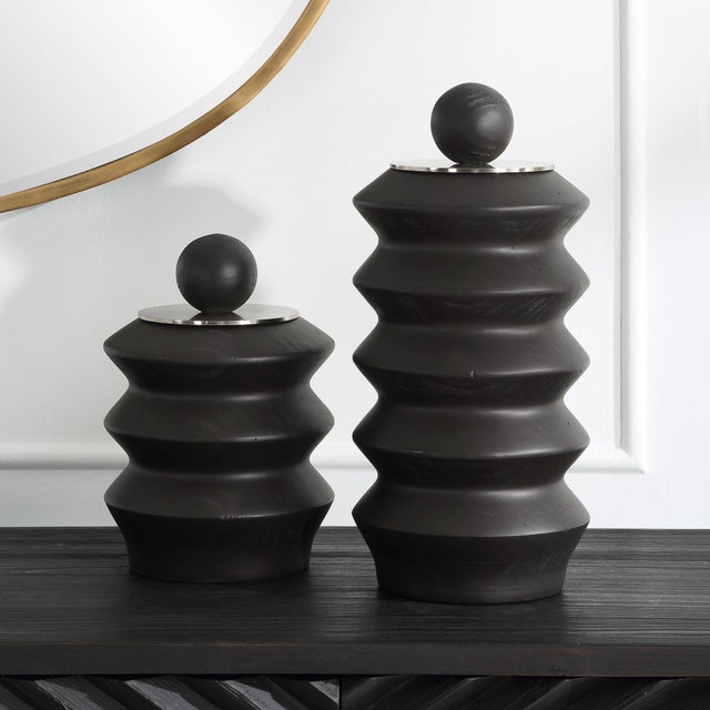 Accent Any Table Or Countertop With These Black Stained Wood Containers With Brushed Nickel Lift-off Lids. Sizes: Small...