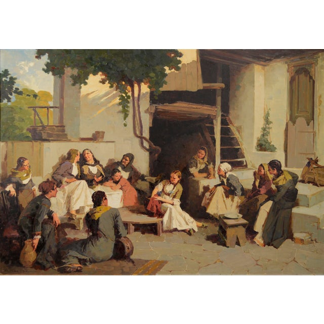 A substantial mid-century Baltic figurative courtyard genre painting by an unknown Eastern European artist (latvia or...