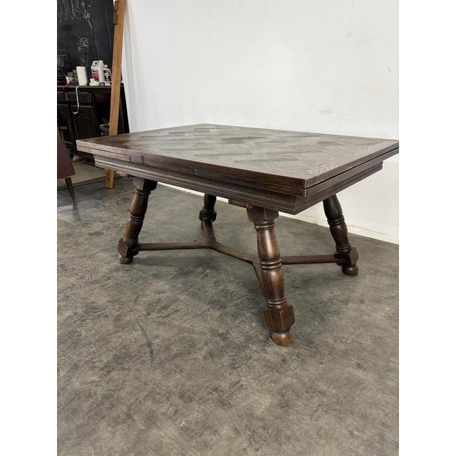 Extendable Oak Table with Parquet Top and Baluster Base For Sale - Image 3 of 5