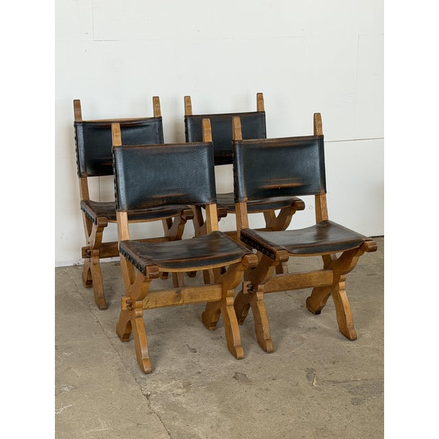 Brutalist Brutalist Dutch Oak and Leather X-Frame Chairs by Bram Sprij, 1960s, Set of 6 For Sale - Image 3 of 16