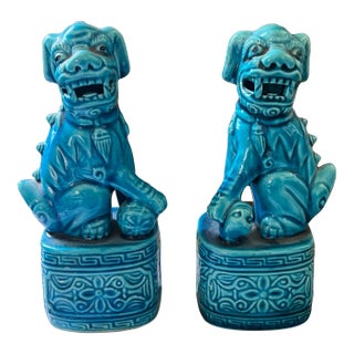 Pair of 19th Century Medium Size Blue Foo Dogs For Sale