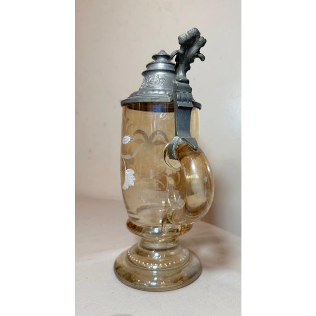 Yellow Large Antique Enameled Hand Blown Glass Pewter German Lidded Beer Stein Mug For Sale - Image 8 of 11