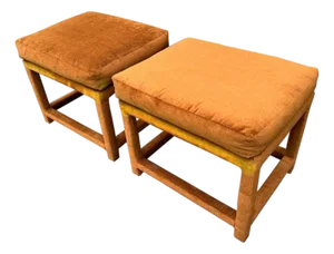 Pair of Mid Century Burnt Orange Gold Pillow Top Ottomans