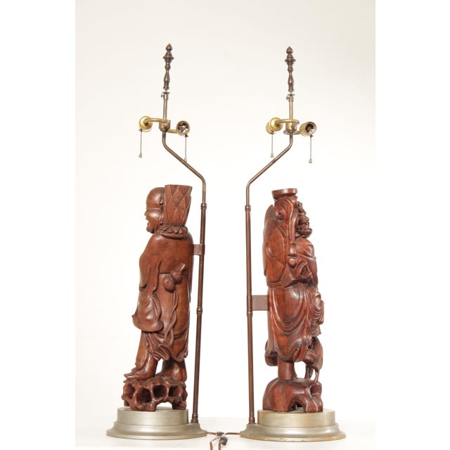 Vintage Pair Of Carved Hard Wood Chinese Figural Table Lamps With Brass Hardware For Sale - Image 12 of 12