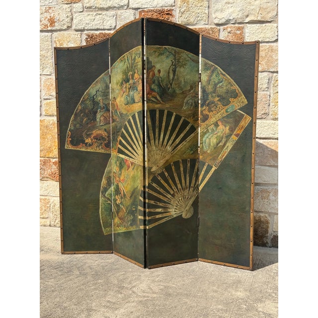 Vintage four panel folding screen room divider featuring intricate hand-painted pastoral scenes, reminiscent of the 18th-...