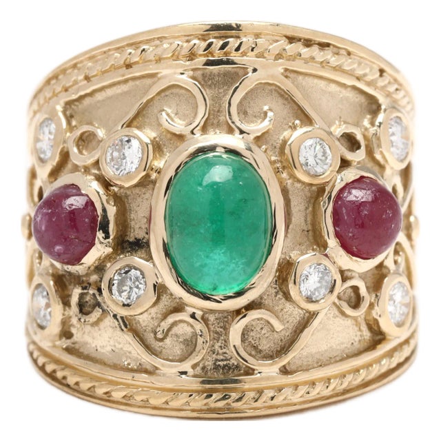 Emerald, Ruby & Diamond Wide Band Ring, 14k Yellow Gold, Ring Size 6, Statement For Sale