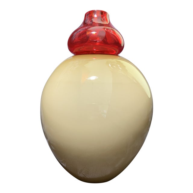 Alfredo Barbini for Oggetti Murano Glass Red and Tan Art Glass Vase, Signed For Sale