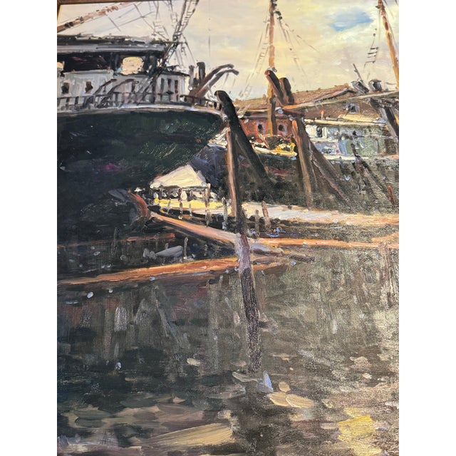 Traditional Large Atmospheric Harbor Scene Oil Painting, Signed “Spiers” – 40” X 50” For Sale - Image 3 of 5