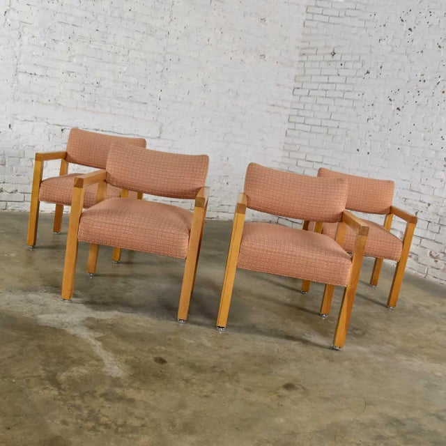 Peach Modern Square Frame Oak Armchairs With Original Blush Textured Fabric, Set of Four For Sale - Image 8 of 13