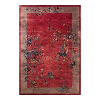 1920s Red Floral Antique Chinese Art Deco Carpet 9' X 13'9" Knotted Wool Rug For Sale