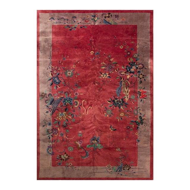 1920s Red Floral Antique Chinese Art Deco Carpet 9' X 13'9" Knotted Wool Rug For Sale