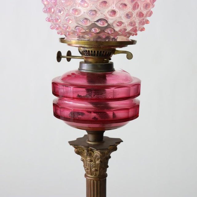 English John Scott Bronze, Cranberry & Opalescent Hobnail Glass Oil Lamp C1890 For Sale - Image 9 of 9
