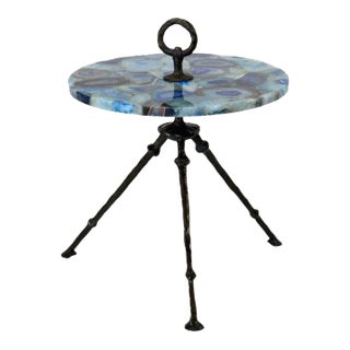 Bronze Side Table With Round Blue Agate Top For Sale