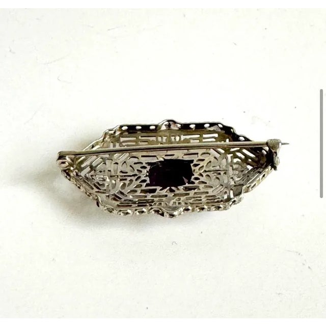 10k White Gold Art Deco Filigree Brooch Amethyst Antique Ornate Pin Estate Piece For Sale - Image 6 of 10