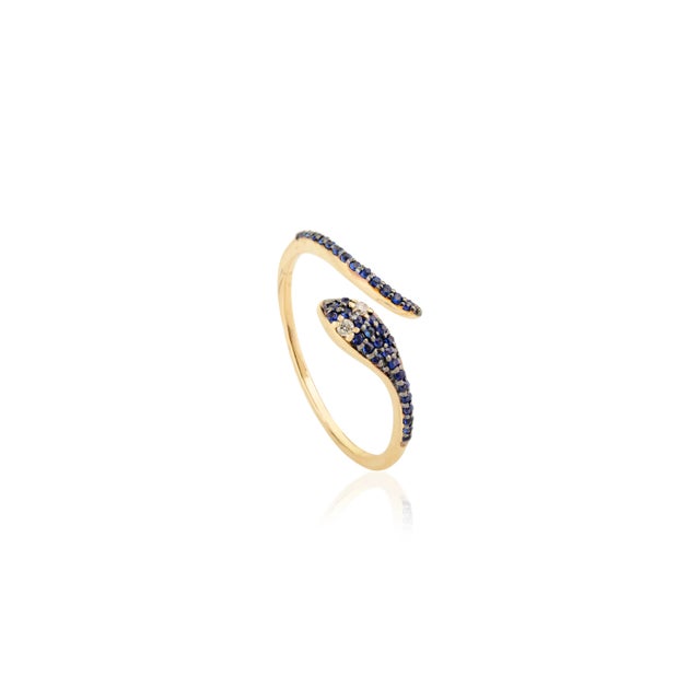 Art Deco 14k Gold Blue Sapphire and Diamond Eye Snake Ring Size 5.5 For Sale - Image 3 of 11