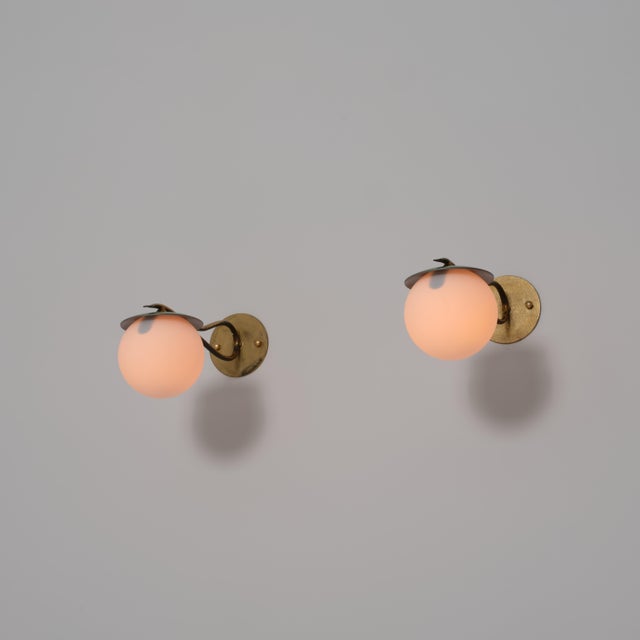 Vintage Italian Green Enameled Metal and Opaline Glass Wall Sconces, 1950s, Set of 2 For Sale - Image 9 of 15