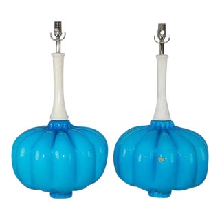 Vintage Murano Glass Pumpkin Lamps Blue For Sale