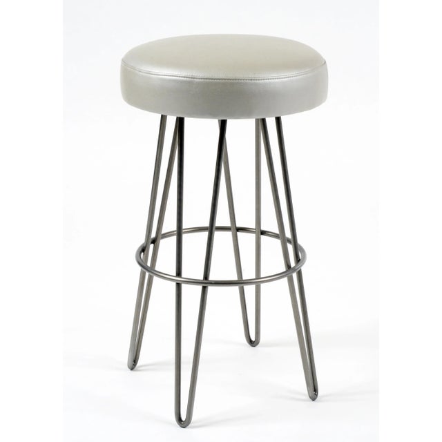 Modern Silver Grey Leather Hairpin Swivel Barstool For Sale - Image 3 of 3