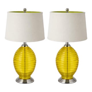 Vintage Citron Ribbed Glass Table Lamps With Chrome Bases & Green-Lined Shades - a Pair For Sale