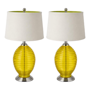Vintage Citron Ribbed Glass Table Lamps With Chrome Bases & Green-Lined Shades - a Pair