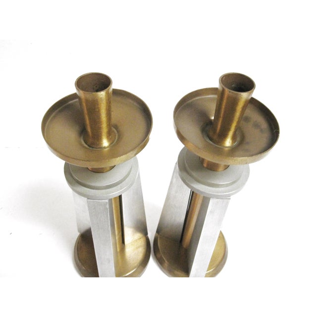 Mid-Century Modern Vintage Machine Age Mid-Century Aluminum and Brass Candle Holders- a Pair For Sale - Image 3 of 10