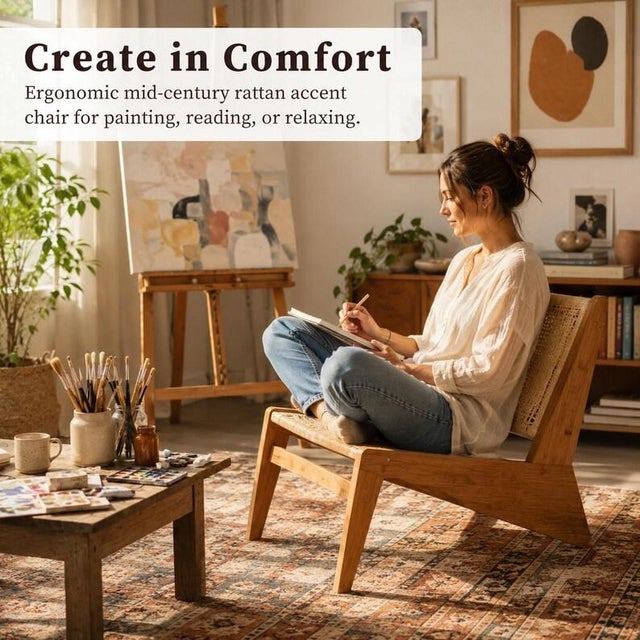 Not Yet Made - Made To Order Rattan Accent Chair for Living Room, Mid Century Modern Wood Side Chair, Comfy Bamboo Armchair for Bedroom Reading Nook, Boho Home Decor For Sale - Image 5 of 10
