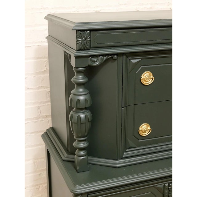 Wood Antique Hunter Green Highboy Dresser With Ornate Carved Details For Sale - Image 7 of 11