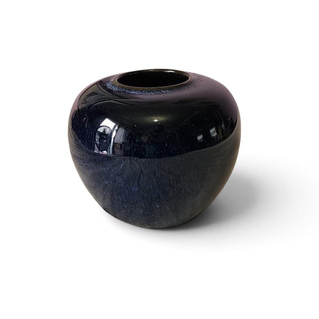 Vintage Dark Indigo Blue Bulbous Formed Pottery Vase, 1980s ~ Unmarked. Dark blue colored with speckled and marbleized...