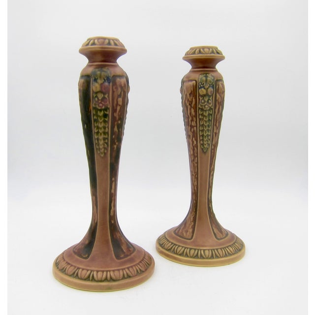 American Roseville Florentine Arts and Crafts Candle Holder Pair, 1924 For Sale - Image 3 of 9
