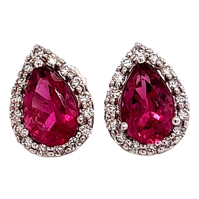 Natural Pink Tourmaline Diamond Stud Earrings 14k W Gold 2.02 TCW Certified For Sale