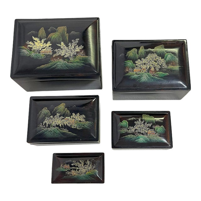 Mid Century Japanese Hand Painted Lacquer Nesting Boxes- Set of 5 For Sale