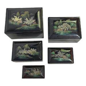 Mid Century Japanese Hand Painted Lacquer Nesting Boxes- Set of 5