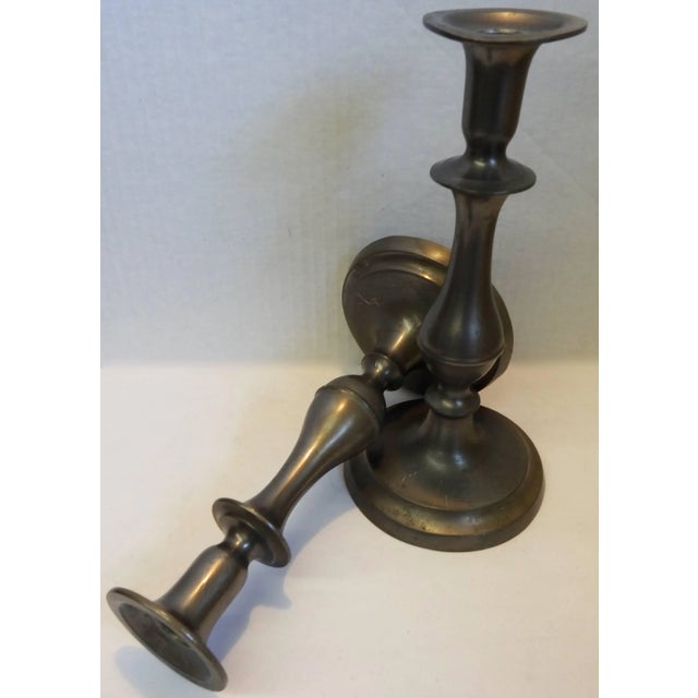 Gray Pair of Tall Pewter Candlesticks in the Colonial Style For Sale - Image 8 of 9