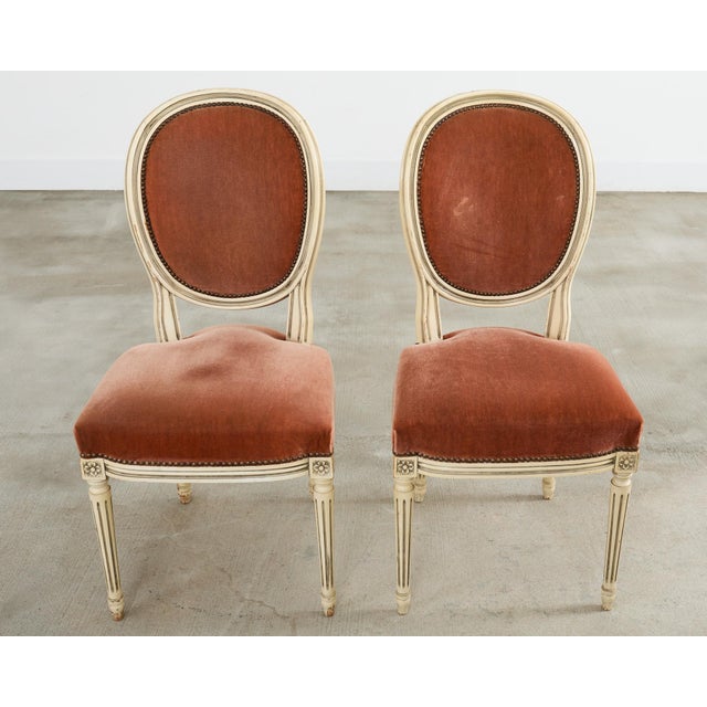 Mid 20th Century Set of Six French Louis XVI Style Painted Dining Chairs With Mohair For Sale - Image 5 of 12