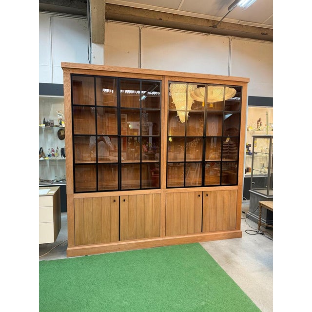 Large Oak Display Cabinet with Black Metal Grid Doors For Sale - Image 5 of 6