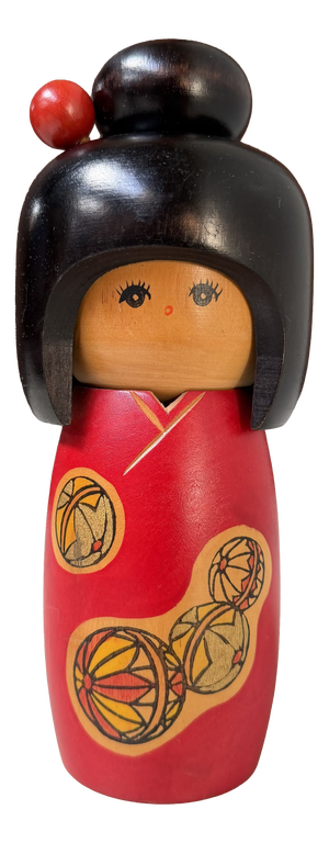 Vintage Sōsaku Kokeshi with Temari Motif, 1980s