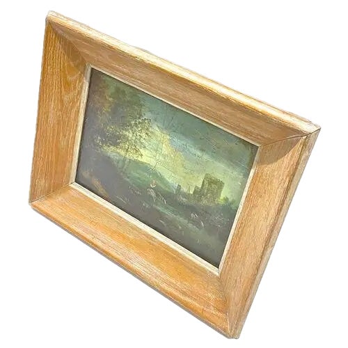 Antique castle and loch landscape scene oil painting with a hand-maiden figure. Unsigned.