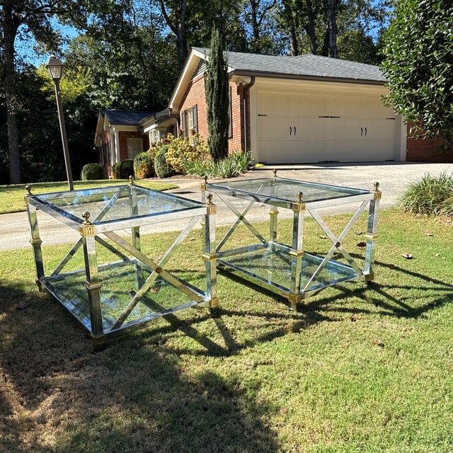 1970s Vintage Chrome and Brass X-Base Tables Attributed to Maison Jansen ~ a Pair For Sale - Image 5 of 11
