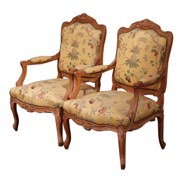 Pair of Early 20th Century French Louis XV Walnut Fauteuils With Scalamandré For Sale