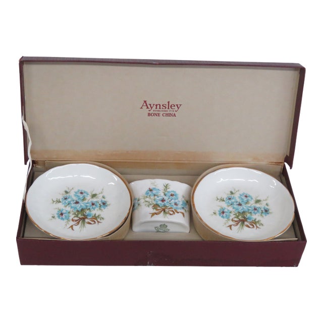 Aynsley England Bone China 3pc Box Set Blue Forget Me Not Motif Gold Trim 4956b For Sale