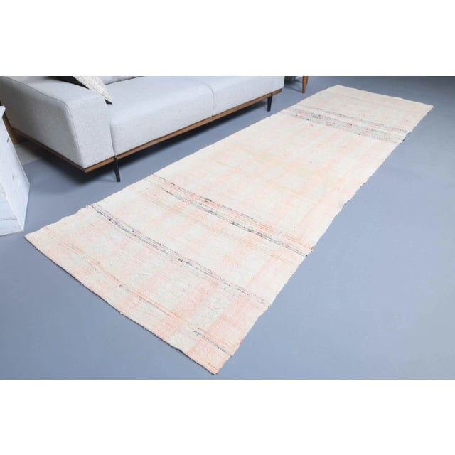 1970s Vintage Turkish Hand-Knotted Wool Cotton Beige Kilim Runner Rug For Sale - Image 5 of 11
