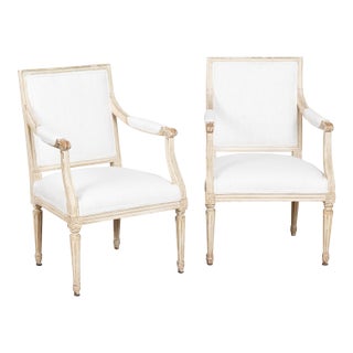 Pair, White Swedish Gustavian Armchairs, 19th Century For Sale