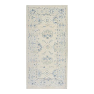Early 21st Century Early 21st Century Cream & Blue Handwoven Turkish Oushak Runner 4'10" X 9'8" For Sale