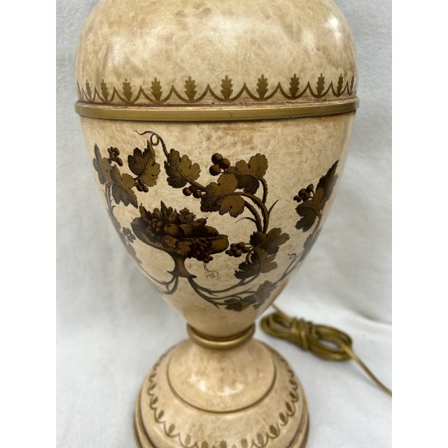 Vintage Italian Painted Tole Metal Urn Shaped Neoclassic Lute Horn Grape Leaves Table Lamps - a Pair For Sale In West Palm - Image 6 of 10