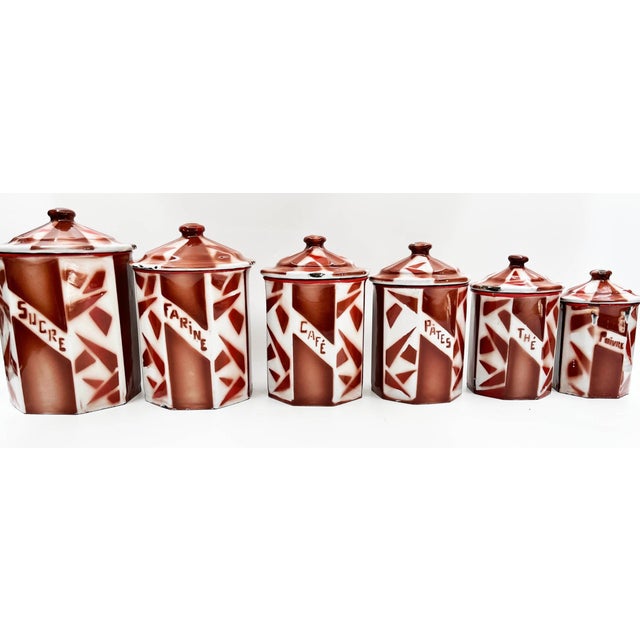 1920s Antique French Enamel Kitchen Tins Set by Aubecq, 1920s, Set of 6 For Sale - Image 5 of 10