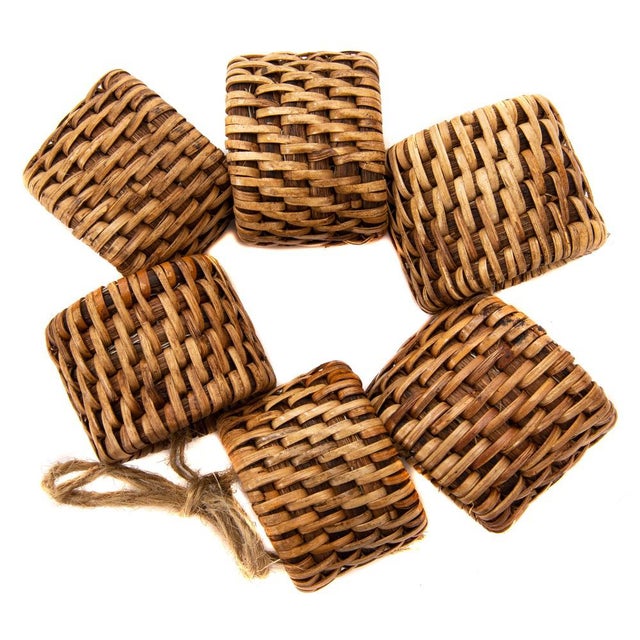 Wood Artifacts Rattan Oval Napkin Ring Set in Honey Brown - 6 Pieces For Sale - Image 7 of 7