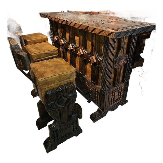 1970s Hand Carved Witco Bar and Bar Stool Set For Sale