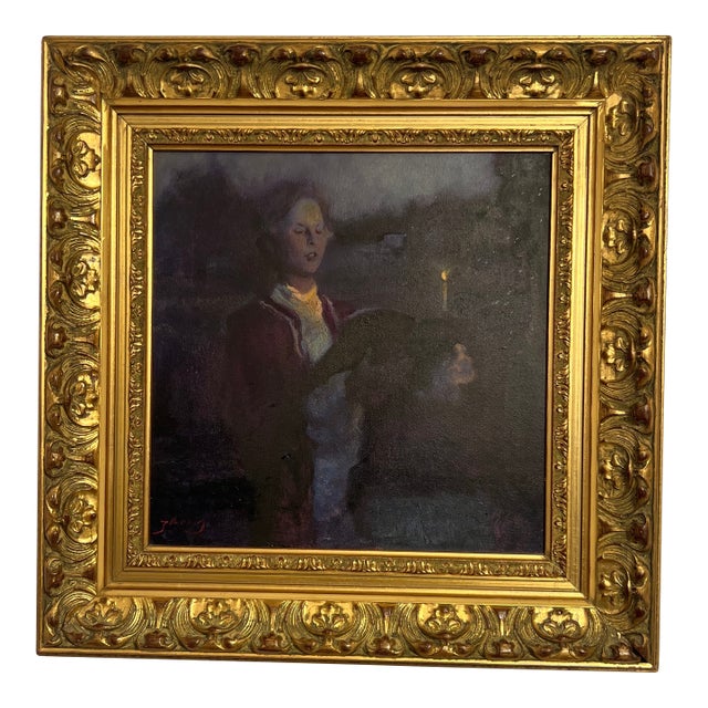 1980s Modern American School Oil on Canvas Signed Framed Titled Night Reader For Sale