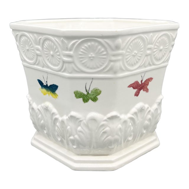 Vintage Italian White Ceramic Cachepot With Colorful Butterflies — Neoclassical / Hollywood Regency For Sale